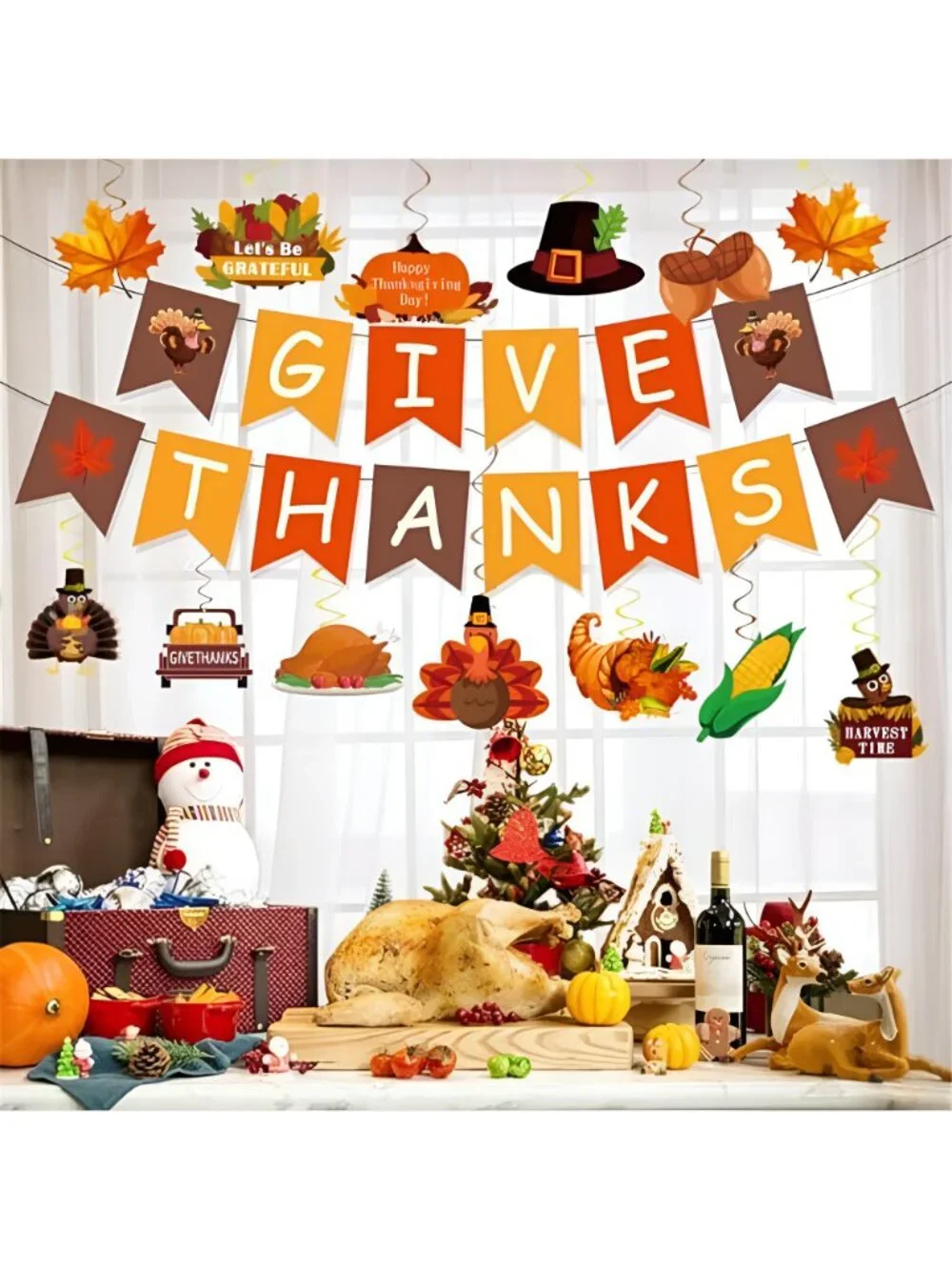 Thanksgiving Party Decorations Thanks Banner,Hanging Swirls, Tablecloth